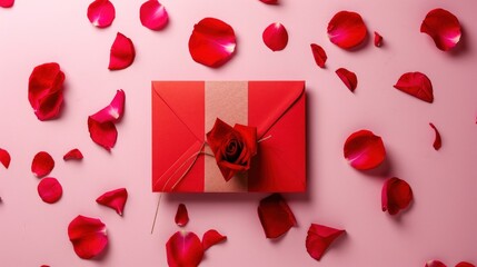 Sticker -  a red envelope with a rose on it surrounded by petals of rose petals on a pink background with petals of rose petals and petals scattered on the floor of petals.