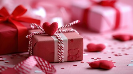 Sticker -  a red gift box with a red heart on it and a red and white ribbon tied around it, surrounded by hearts and confetti on a pink background with confetti.