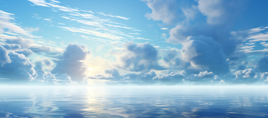 Wall Mural - Peaceful heaven like seascape. Ocean and sky meet at horizon. Blue ocean and blue sky with white clouds. 