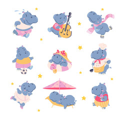 Poster - Cartoon hippo. Funny fatty hippos dancing, sleeping, walking and play football or soccer. Isolated wild animals in different situation, nowaday vector characters