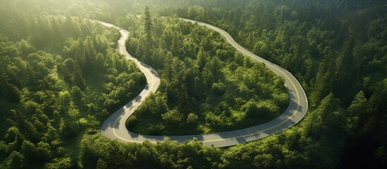 winding road in the middle of the forest, top view