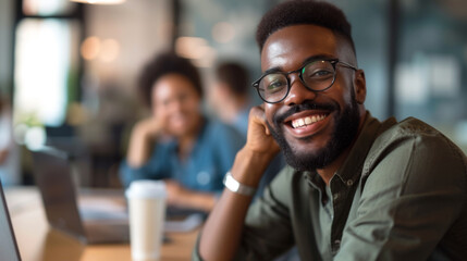 Sticker - A smiling man with glasses is sitting in a casual office setting, exuding confidence and satisfaction.