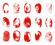 Bloody Fingerprints. Isolated Fingerprint In Blood, Red Human Identification Elements And Stains. Crime Investigation, Victim Or Criminal, Neoteric Vector Set