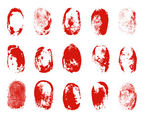 Fototapeta bloody fingerprints. isolated fingerprint in blood, red human identification elements and stains. crime investigation, victim or criminal, neoteric vector set