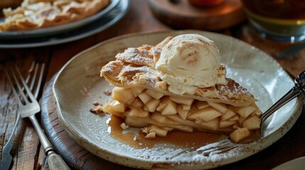 Wall Mural -  a close up of a plate of food with waffles and a scoop of ice cream on top of it with a fork and a cup of tea in the background.