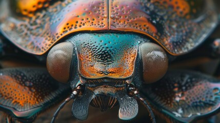 Wall Mural - A detailed close-up of a beetle's iridescent shell, shimmering with metallic hues under the light