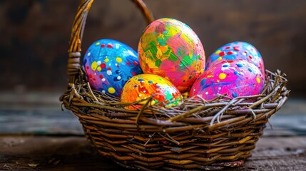 Sticker -  a basket filled with painted eggs sitting on top of a wooden table next to a wooden wall in front of a brown wooden tablecloth covered with a wicker basket filled with painted eggs.