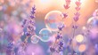  a bunch of soap bubbles sitting on top of a field of lavender flowers with the sun shining through the bubbles of the soap bubbles in the middle of the bubbles.