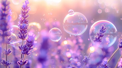 Wall Mural -  a bunch of soap bubbles sitting on top of a field of lavender flowers with the sun shining through the bubbles on the top of the top of the soap bubbles.