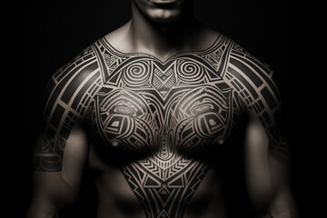 Black tribal tattoo on skin. Black tribal tattoo on chest. Men's tattoo, tribal. Tribal tattoo. Tattoo ideas for men. Tattoo parlor. Tattoo artist profession.​