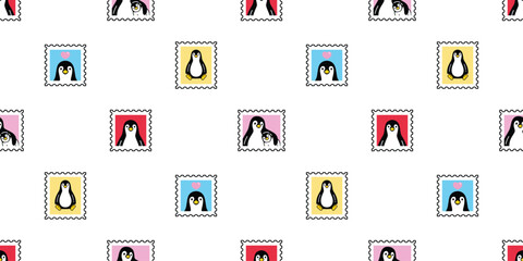 Wall Mural - penguin seamless pattern stamp post mail bird cartoon doodle tile background gift wrapping paper repeat wallpaper illustration isolated design