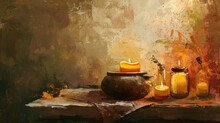  A Painting Of Candles On A Table Next To A Vase With A Candle In It And A Vase With A Flower In It Sitting On A Piece Of Paper Next To It.