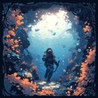 Mystical Underwater Scene with Scuba Diver Surrounded by Marine Flora