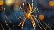  a close up of a spider on it's web in the middle of a blurry image of a bouncy orb - like structure with lights in the background.