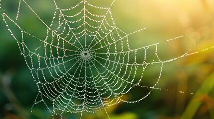 Wall Mural -  a close up of a spider web with dew drops on it's spider's web, in front of a blurry background of green grass and yellow flowers.