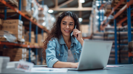 Canvas Print - woman with curly hair, smiling while talking on a mobile phone, sitting in front of a laptop in a warehouse environment.