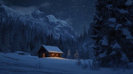 Poster -  a cabin in the middle of a snowy forest at night with the moon in the sky and stars in the sky above the cabin and snow covered mountains in the foreground.