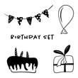 Birthday black and white icons set