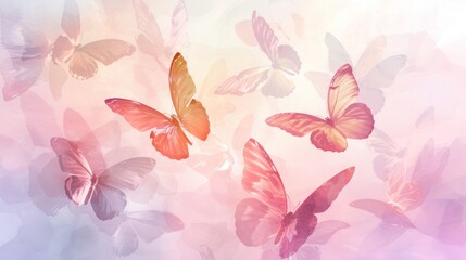 Poster -  a group of butterflies flying in the air with a pink and blue sky in the background and a pink and blue sky in the middle of the photo, with a pink and white background.