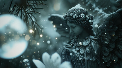 Canvas Print -  a black and white photo of an angel in the snow with bubbles in the foreground and a pine branch in the foreground with bubbles in the foreground.