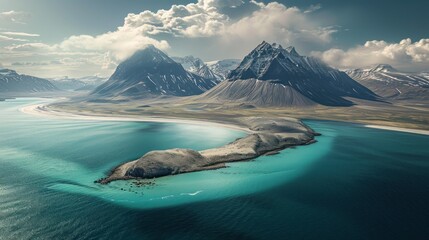  an aerial view of an island in the middle of a body of water with mountains in the background and blue water in the foreground with a few clouds in the foreground.