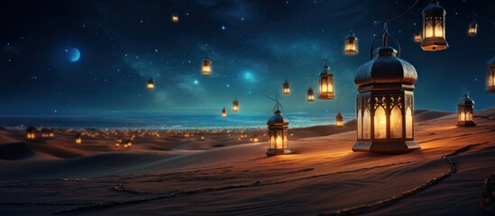 Lanterns stands in the desert at night sky