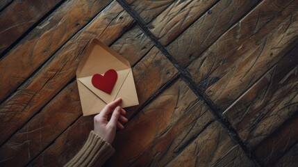 Poster -  a person's hand holding an envelope with a red heart on it and a hand holding an envelope with a red paper heart on it, on a wooden background.