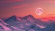  a full moon rising over a snowy mountain range with a pink sky and a pink and purple hue to the top of the mountain is a pink and purple hued sky.