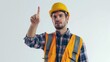 a 30-year-old construction worker points the finger isolated on a white background