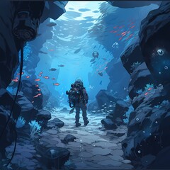 Wall Mural - Underwater Exploration: Lone Diver Amongst Marine Life in Ocean Depths