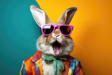 Wall Mural - Cool Easter bunny in a suit in front of a colorful background.