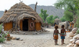 Himba village with traditional huts near Etosha National Park in Namibia
