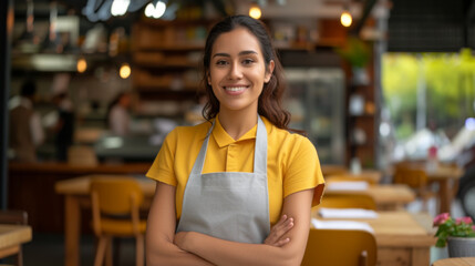 Sticker - smiling waitress in a yellow shirt and grey apron holding a digital tablet, standing in a modern cafe with yellow chairs and tables in the background.