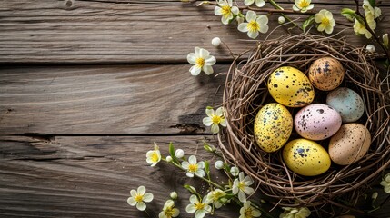 Poster -  a bird's nest filled with eggs sitting on top of a wooden table next to a branch with white flowers and small yellow and brown eggs in the center of the nest.