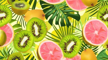 Sticker -  a bunch of sliced kiwi fruit on a yellow background with palm leaves and palm fronds on the left side of the image and a green leaf on the right side of the right.