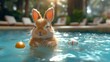 Osterhase macht Urlaub am Swimmingpool mit Körbchen und vielen Ostereiern, ai generativ