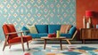 Contemporary interior living room with Abstract mid-century wall background with vintage warm colors.
