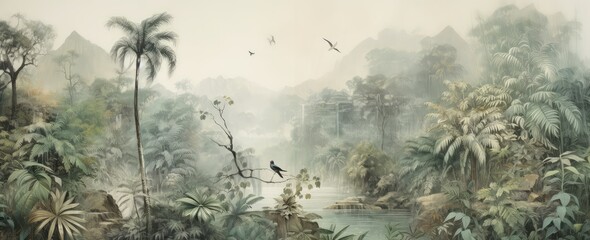 Wall Mural - Watercolor pattern wallpaper. Painting of a jungle landscape with birds.