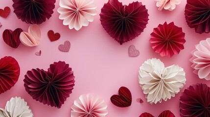 Wall Mural -  valentine's day decorations arranged on a pink background with hearts and paper pom poms on the bottom of the pom pom pom poms.