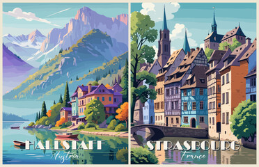 Wall Mural - Set of Travel Destination Posters in retro style. Hallstaff, Austria, Strasbourg, France landscape prints. Europe summer vacation, holidays concept. Vintage vector colorful illustrations.