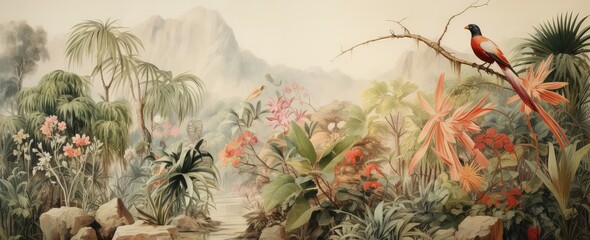 Wall Mural - Watercolor pattern wallpaper. Painting of a jungle landscape with birds.
