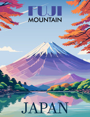 Wall Mural - Japan Travel Destination Poster in retro style with Fuji mountain on the background. Landscape print, wall art. Exotic summer vacation, holidays concept. Vintage vector colorful illustration.