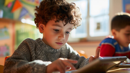 Poster - two young boys engaged with tablet computers, likely in a classroom setting with educational toys and decorations in the background.