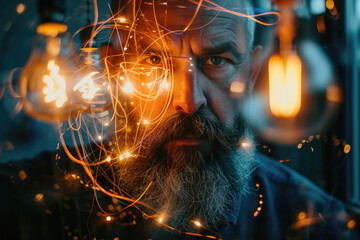 Wall Mural - portrait of a electrician with a double exposure of a wire and a bulb