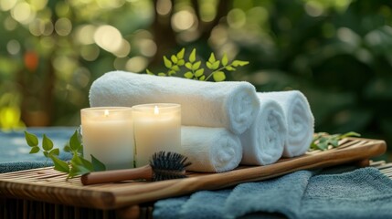 Poster -  a couple of candles sitting on top of a wooden tray next to towels and a brush on top of a wooden tray next to a couple of candles on top of a table.