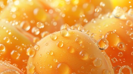 Wall Mural -  a close up of a bunch of oranges with drops of water on them and a yellow background with oranges in the foreground and a blurry background.