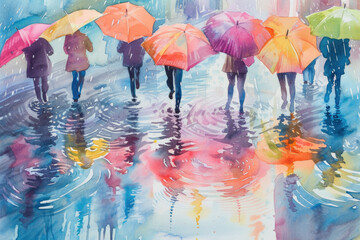 Wall Mural - watercolor painting of a spring shower. People are seen walking under colorful umbrellas