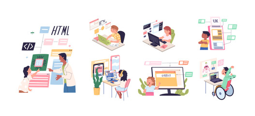 Wall Mural - children code learning. kids writing codes, child programming schools it camp, kid coder students in