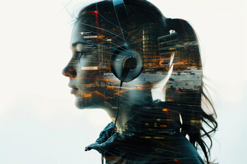 Wall Mural - portrait of a interpreter with a double exposure of a earphone and a speech