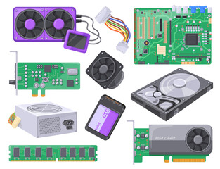 Pc assembly. Computer parts inside device motherboard component, laptop hardware supply customs build, cooler fan electronic ssd hdd psu adapter ram card, neat vector illustration